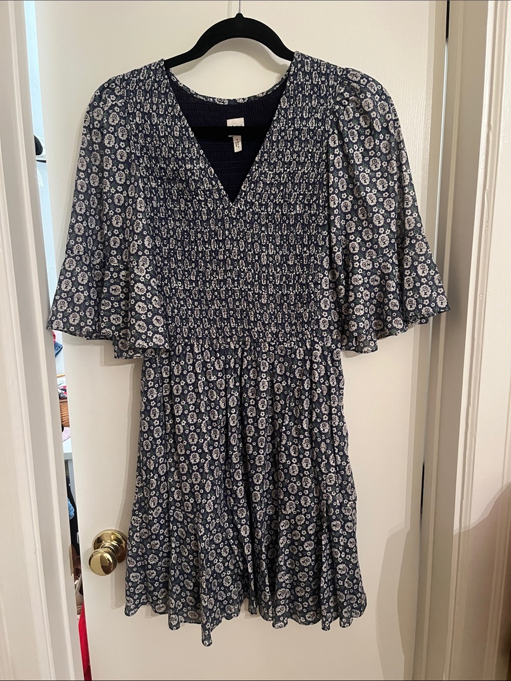 La Vie Rebecca Taylor Blue Smocked Flutter Sleeve Mini Dress Size Small